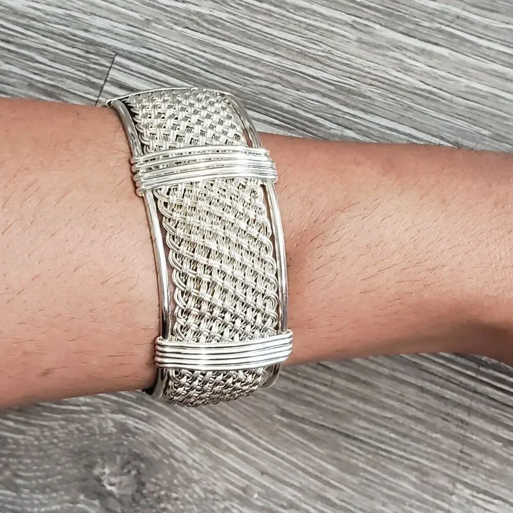 Handwoven 25mm Wide Textile Weave Sterling Silver Bracelet 42 Grams
